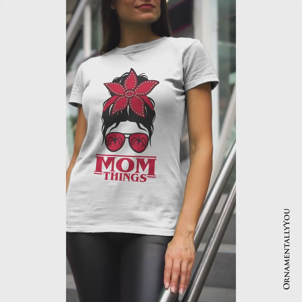 Mom Things Messy Bun Retro T-Shirt, Red Bandana Glasses Family Matching Tee