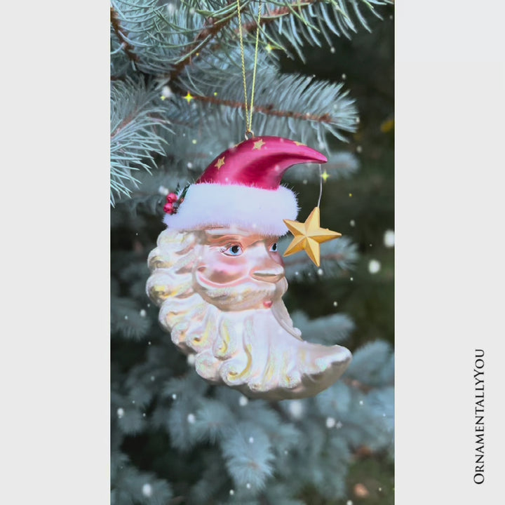 Celestial Crescent Moon Santa Glass Christmas Ornament