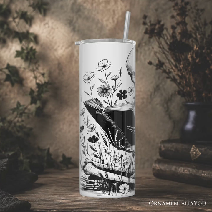 Gothic Reading Skeleton 20oz Personalized Tumbler With Lid and Stainless Steel Straw, Floral Spooky Bookworms Gift Cup