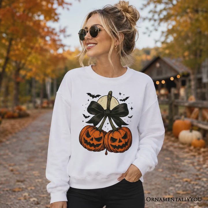 Pumpkin Cherries Coquette Bow Sweatshirt, Retro Halloween Fall Season Sweater for Sweet Autumn Girls