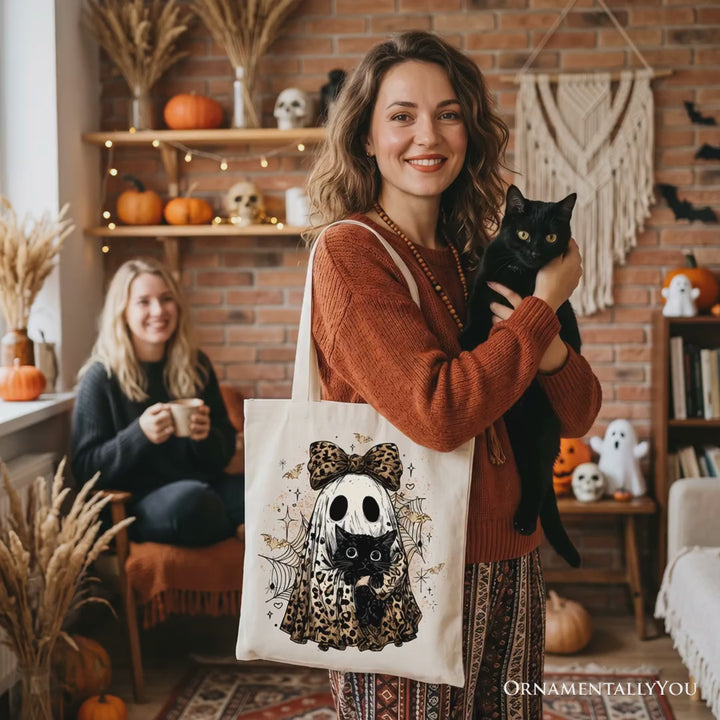 Leopard Bow Ghost with Black Cat Tote Bag, Spooky Halloween Spider Web Gift Shopper