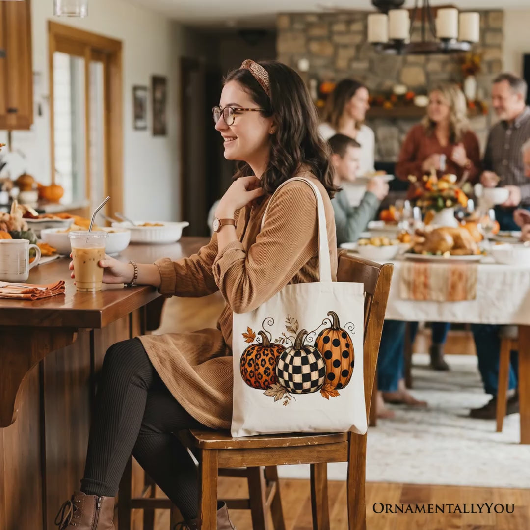 Leopard Checkered Pumpkin Tote Bag, Autumn Fall Gift Shopper