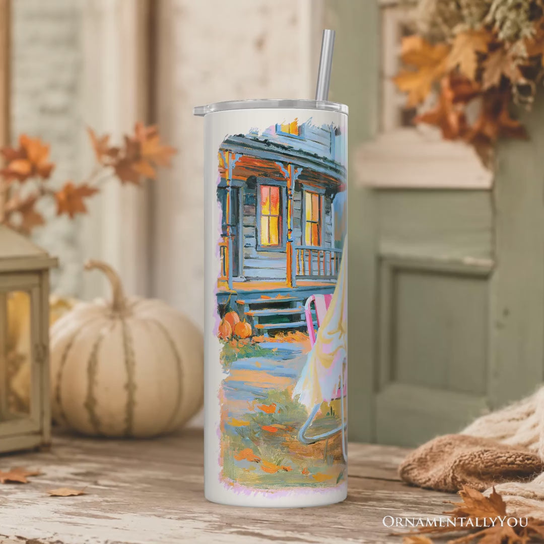 Mentally I'm Here Ghost 20oz Personalized Tumbler With Lid and Stainless Steel Straw, Cozy Fall Halloween Cabin Gift Cup