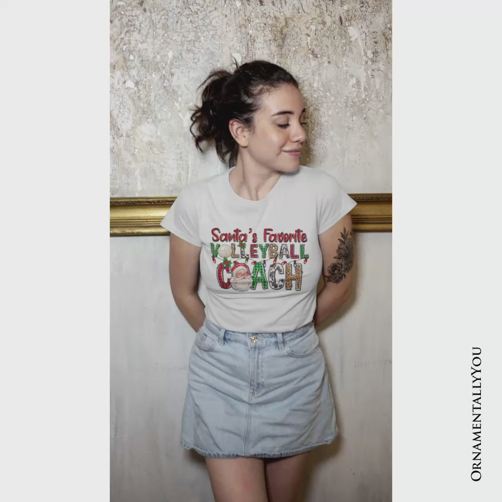 Santa’s Favorite Volleyball Coach Plaid Christmas T-Shirt, Sports Team Holiday Tee