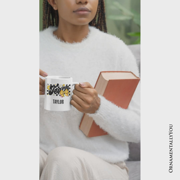 Teach Checkered Coquette Bow Personalized Mug, Retro Gift for Trendy Teachers with Custom Name