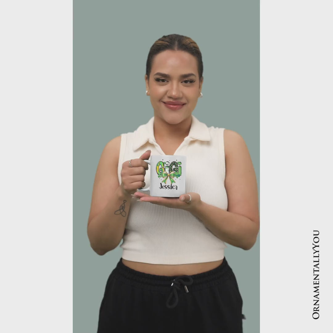 Coquette Gigi Bow St Patrick’s Day Personalized Mug, Green Lucky Shamrock Clover Gift with Custom Name