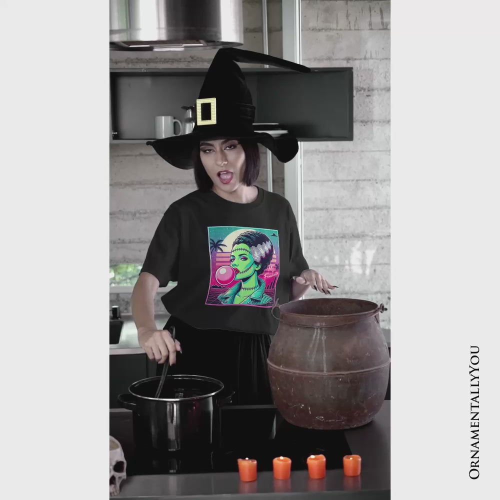 Vaperwave Mrs Frankenstein Retro Neon Horror T-Shirt, Synthwave 80's Styled Classic Halloween Tee