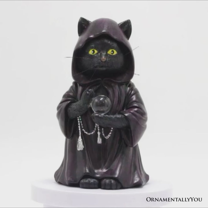 Ominous Black Cat Wizard Figurine, 7" Solar Light Gothic Yard Statue Decor