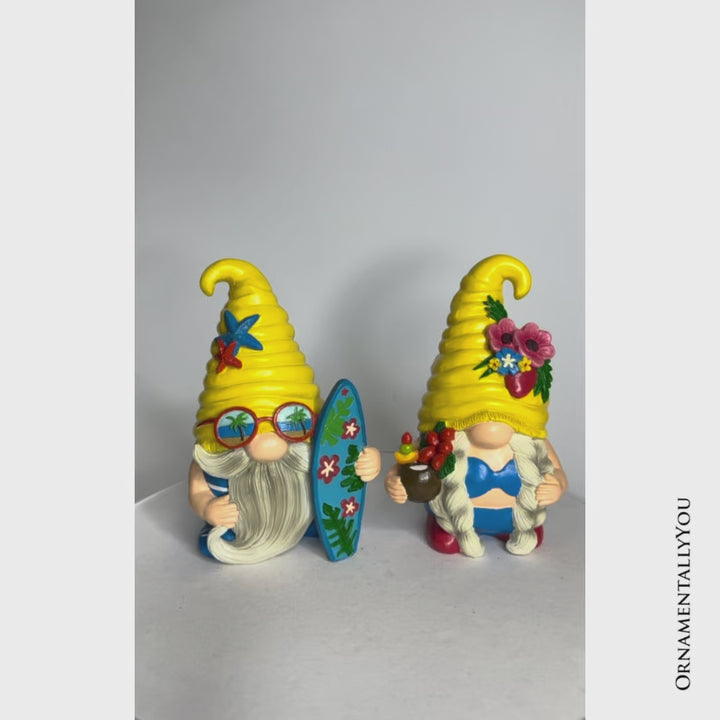 Tropical Beach Gnome Duo Figurine Set, Cute 6" Summer Decoration Garden Statue