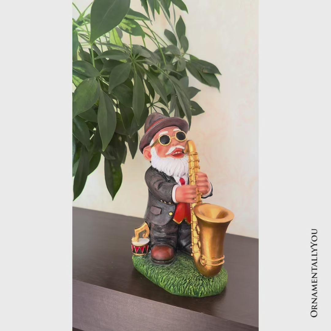Jazzy Gnome Garden Statue, 7.7" Music Playing Dwarf Figurine Outdoor Decor