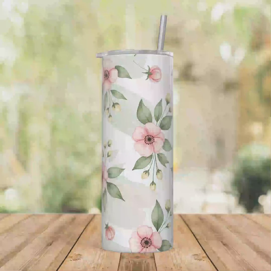 Soft Pink Wildflower 20oz Personalized Tumbler With Lid and Stainless Steel Straw, Elegant Floral Pattern Gift Cup