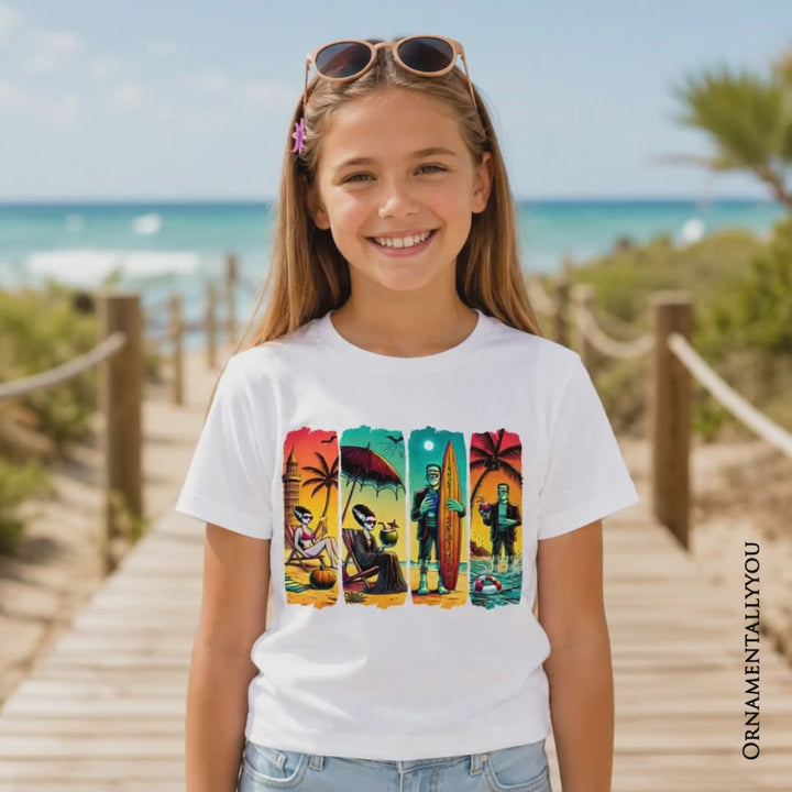 Kids Frankenstein's Beach Vacation T-Shirt, Retro Neon Surf Style Tee for Horror Youth Fans with Summer Vibes
