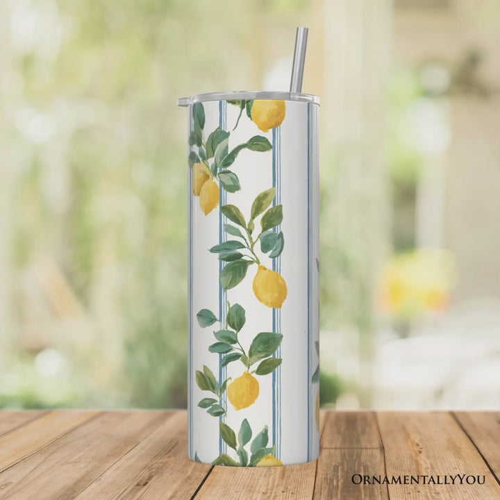 Refreshing Lemon Branches 20oz Personalized Tumbler With Lid and Stainless Steel Straw, Summer Citrus Pattern Gift Cup