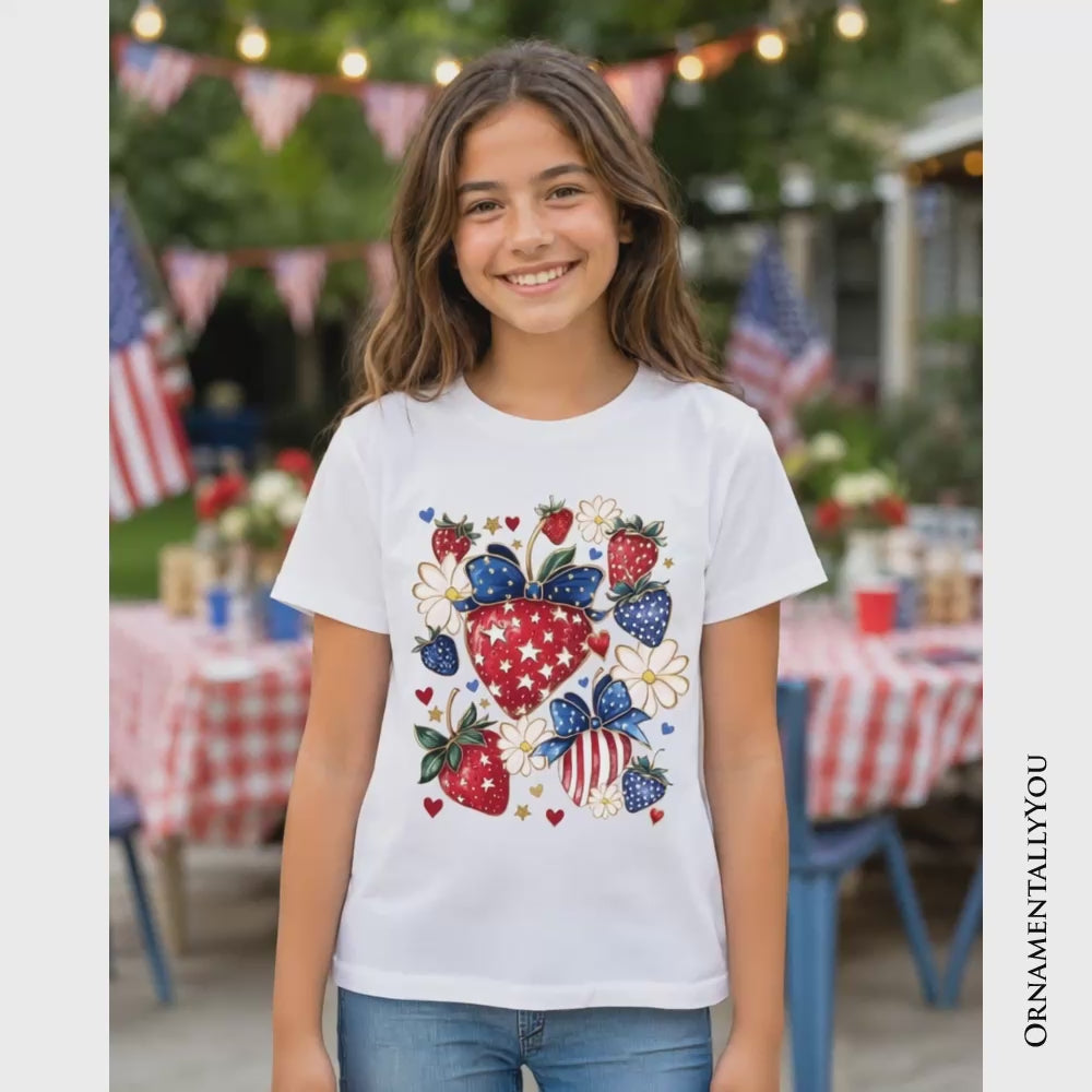 Kids Patriotic Boho Strawberries Bouquet T-Shirt, Youth 4th of July Festive Patch Tee