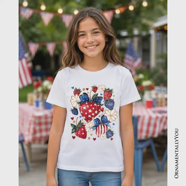 Kids Patriotic Boho Strawberries Bouquet T-Shirt, Youth 4th of July Festive Patch Tee