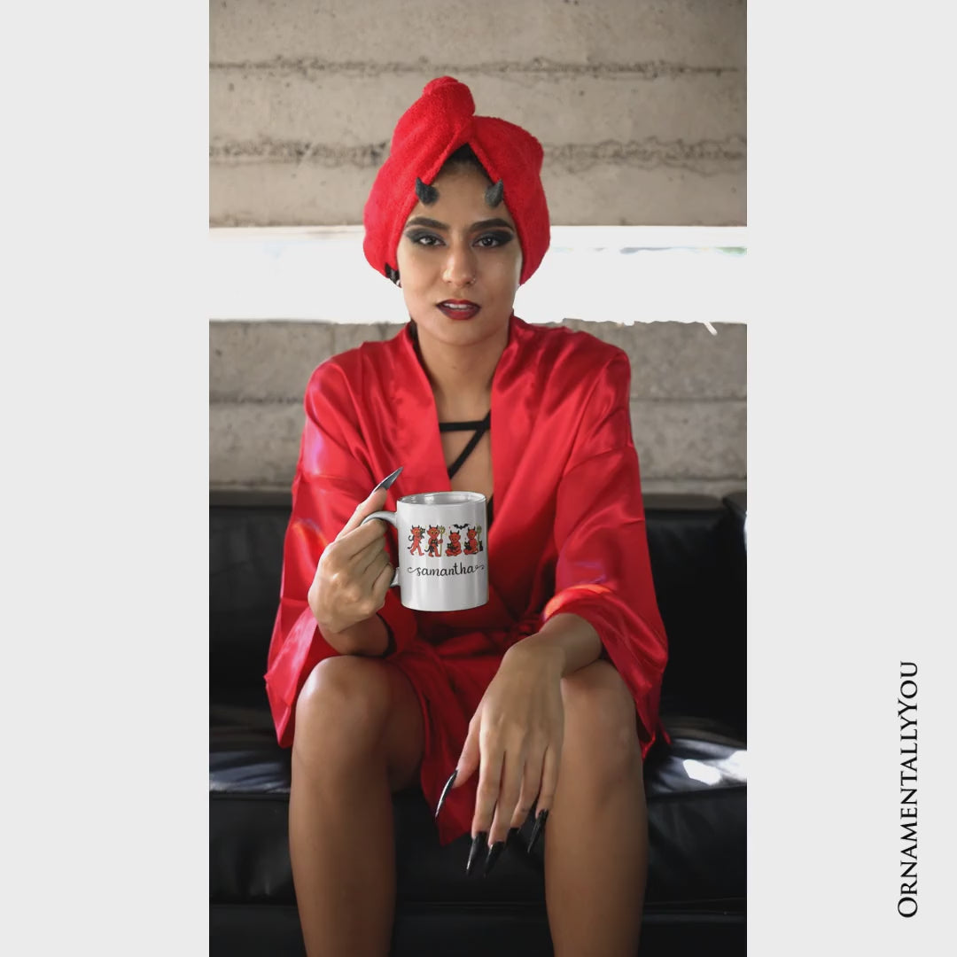 Cute Red Devils and Cats Personalized Mug, Vintage Halloween Gift with Custom Name