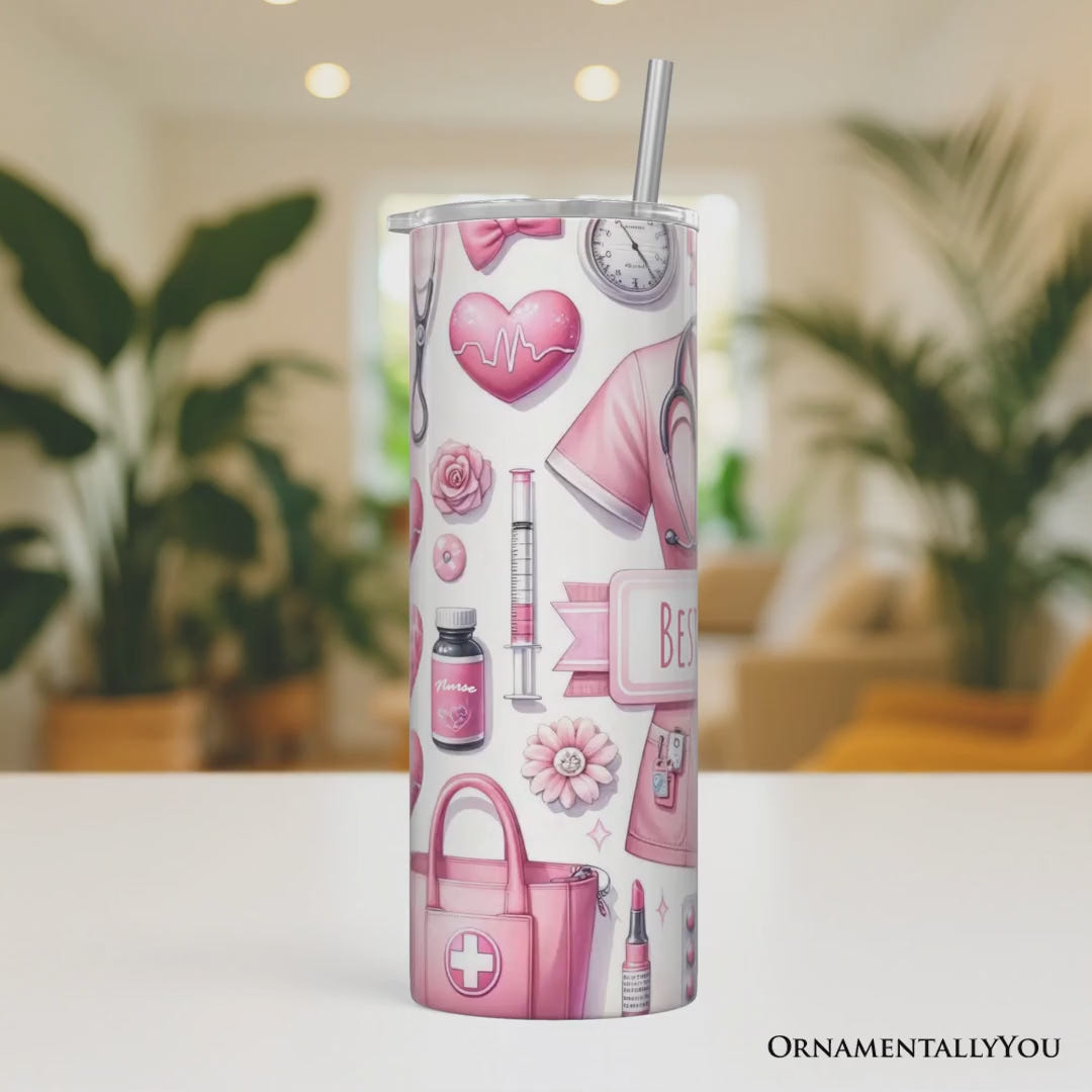Pink Nurse Life 20oz Personalized Tumbler With Lid and Stainless Steel Straw, Medical Worker Appreciation Gift Cup