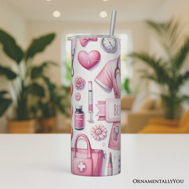 Pink Nurse Life 20oz Personalized Tumbler With Lid and Stainless Steel Straw, Medical Worker Appreciation Gift Cup