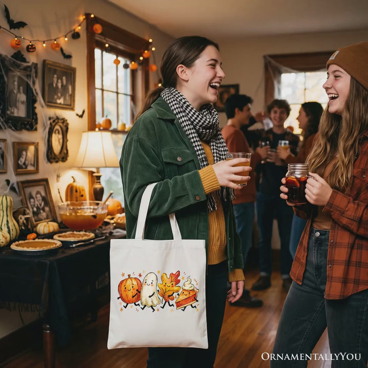 Cute Fall Characters Tote Bag, Pumpkin Ghost Leaf Pie Autumn Gift Shopper