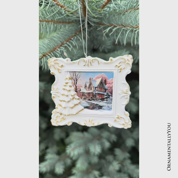 Elegant Winter Cottage Portrait Christmas Ornament, Artistic Painting Tree Decor