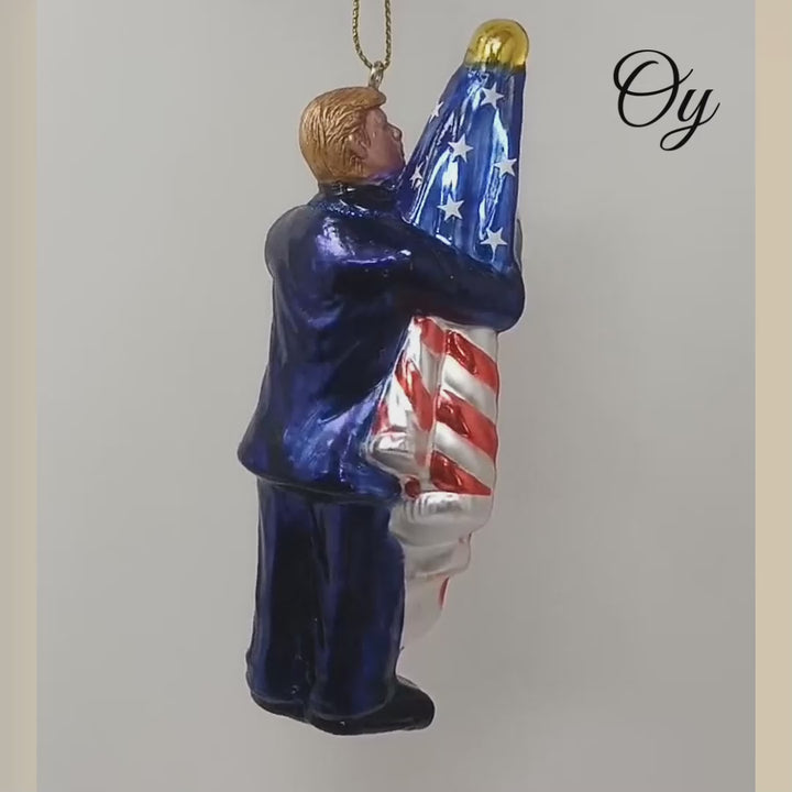 Donald Trump Kissing the American Flag Glass Christmas Ornament, United States President