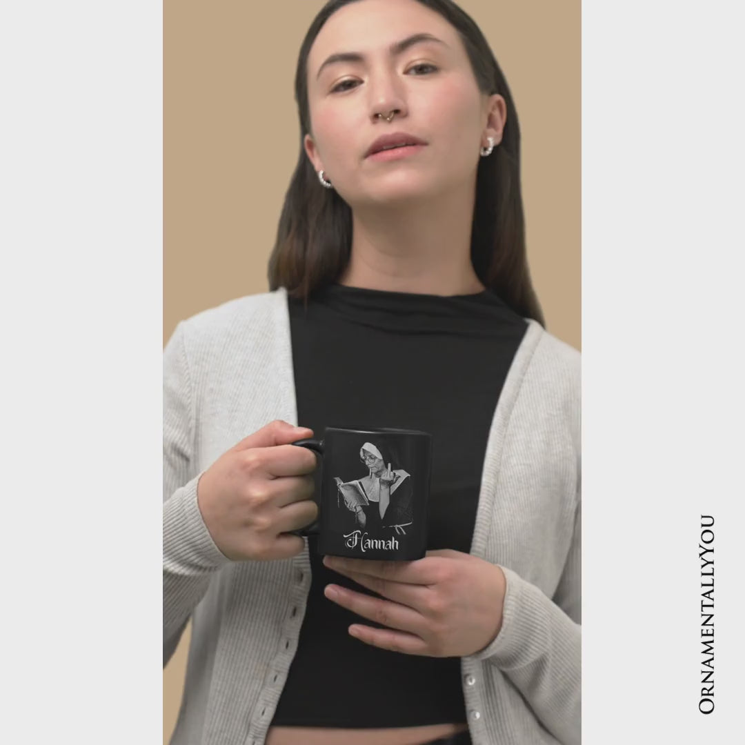 Eccentric Gothic Smoking Nun Personalized Mug, Unique Halloween Gift with Custom Name