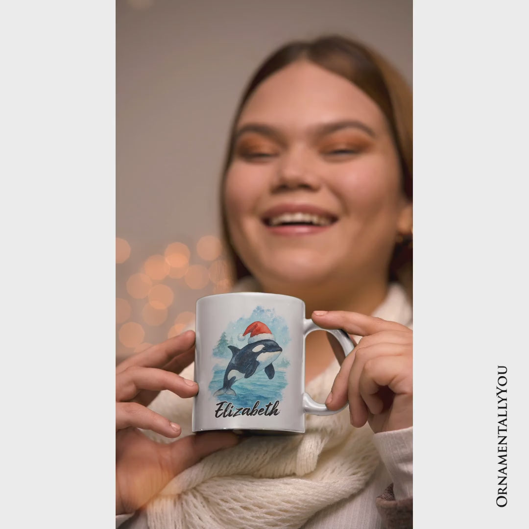 Watercolor Orca in Santa Hat Christmas Personalized Mug, Marine Animal Holiday Gift with Custom Name