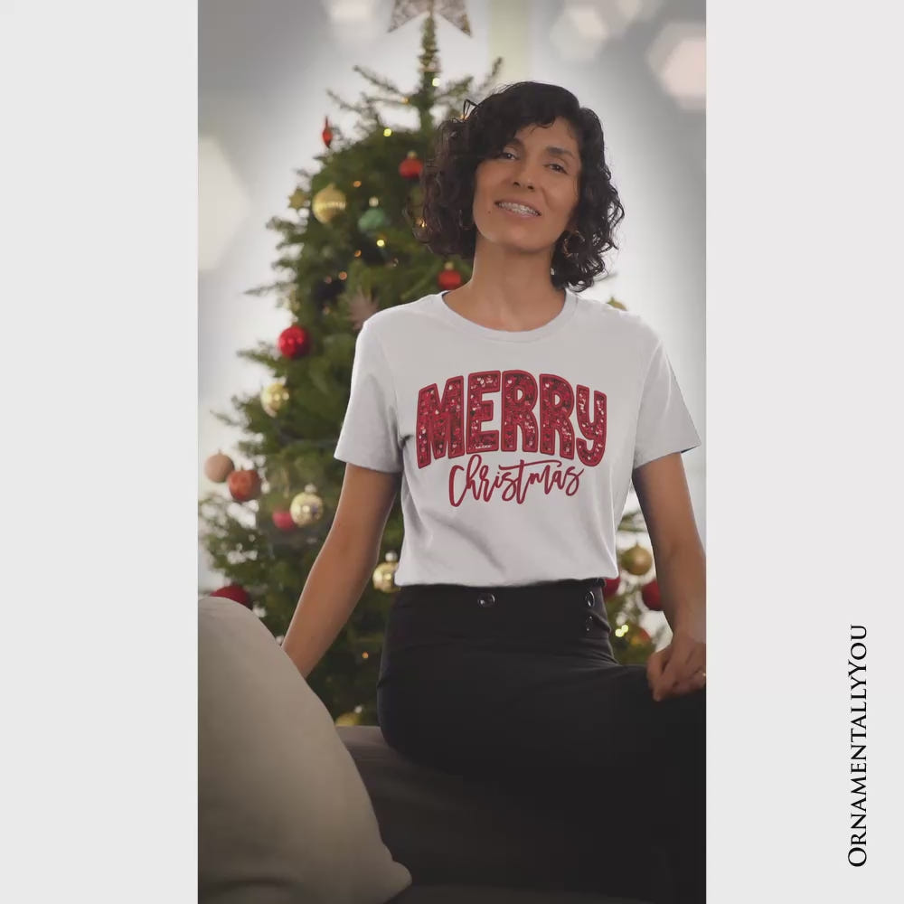 Merry Christmas Sequin T‑Shirt, Bold Red Glitter-Look Tee for Festive Holiday Season