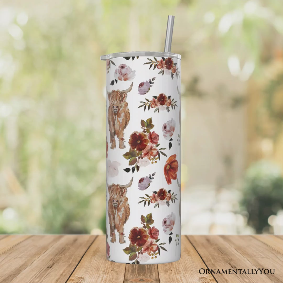 Highland Cow Floral 20oz Personalized Tumbler With Lid and Stainless Steel Straw, Chic Western Farmhouse Gift Cup