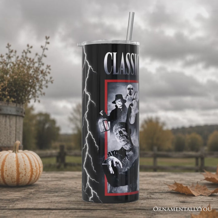 Classic Monsters Black and White 20oz Personalized Tumbler With Lid and Stainless Steel Straw, Retro Vintage Horror Gift Cup