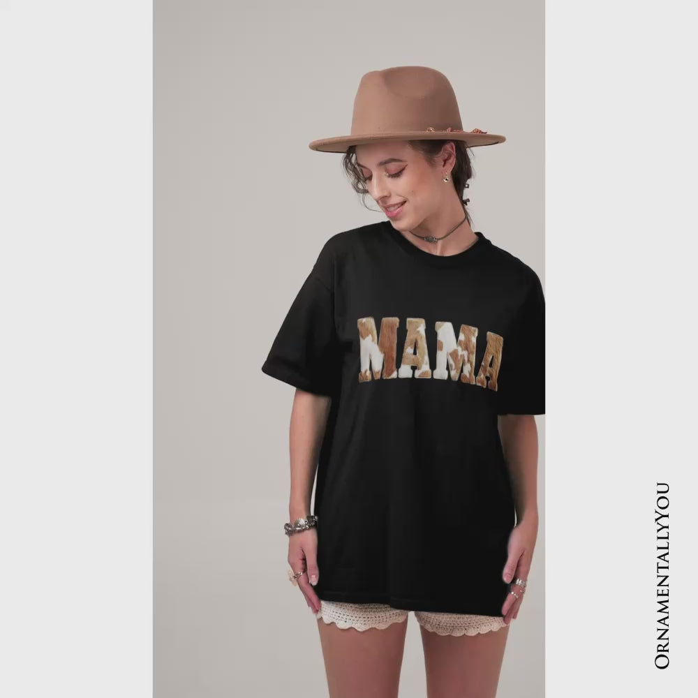 Cow Print Mama Western T-Shirt, Faux Cowhide Mom Tee