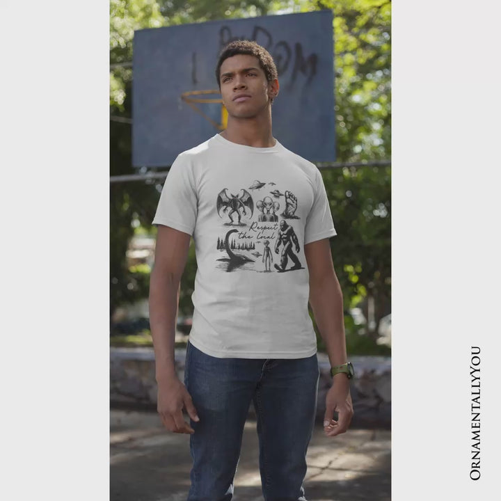 Respect The Local Cryptid Squad T-Shirt, Funny Bigfoot Alien Mothman Meme Tee