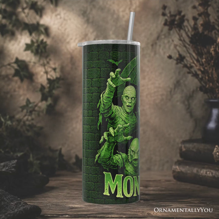 Green Retro Monsters 20oz Personalized Tumbler With Lid and Stainless Steel Straw, Vintage Classic Horror Halloween Gift Cup