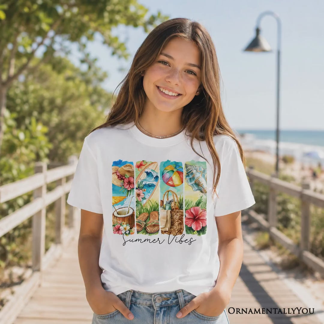 Kids Summer Vibes T-Shirt, Beach Tee with Coconut and Flowers for Youth