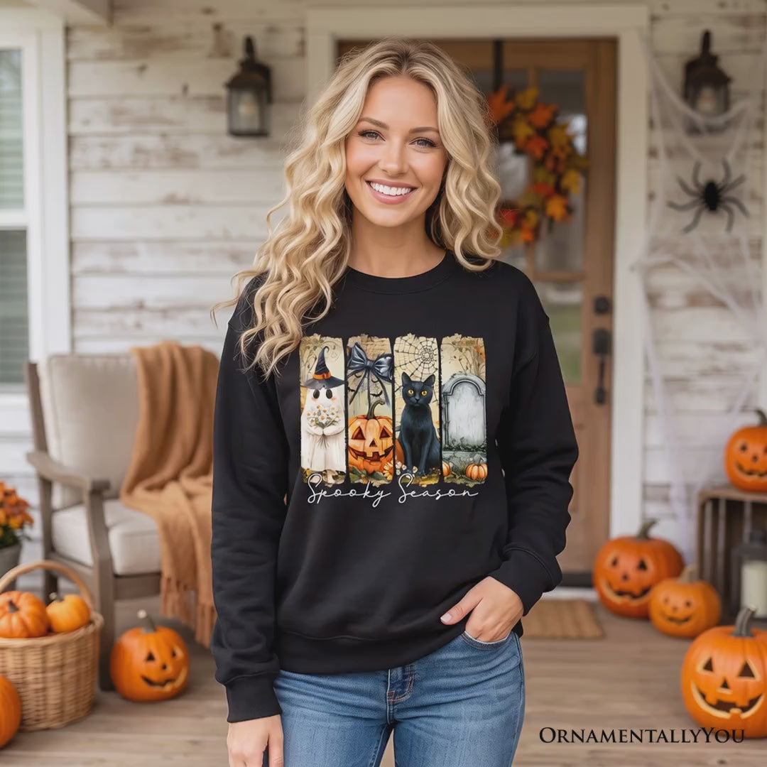 Fall Spooky Season Brushstroke Sweatshirt, Coquette Vintage Ghost, Cat and Pumpkin Sweater