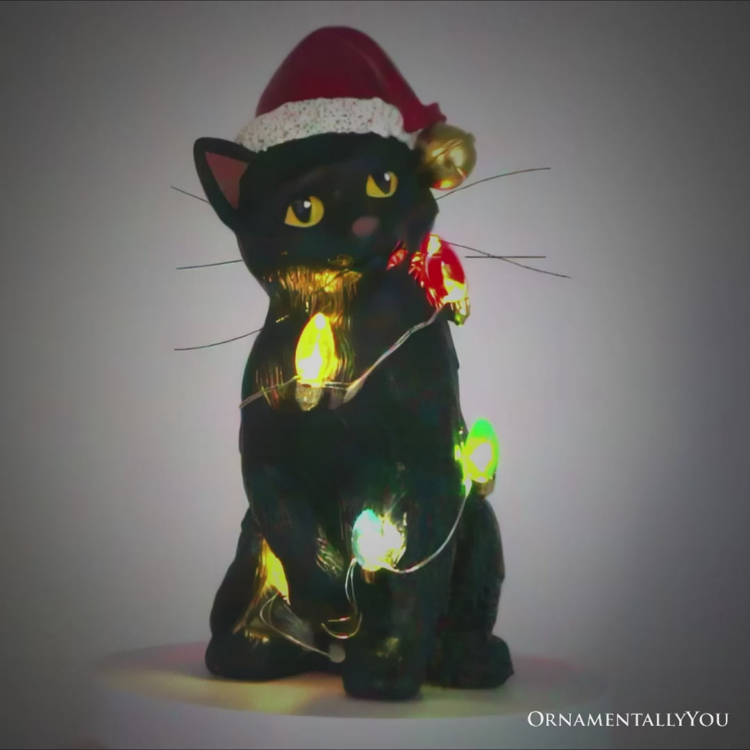 Festive Black Cat with LED Lights Figurine, 7" Cute Home Decor Statue