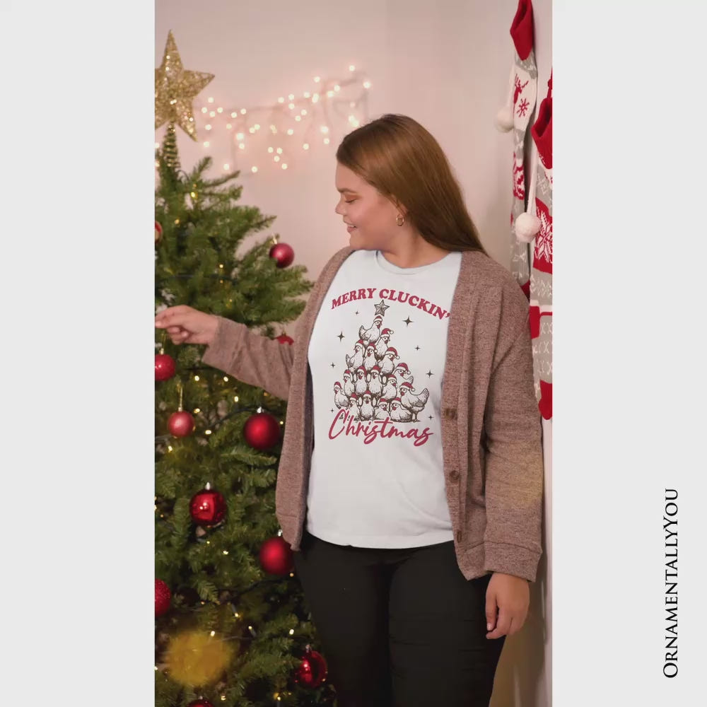 Merry Cluckin' Christmas Tree T‑Shirt, Funny Santa Hat Chicken Farmhouse Tee