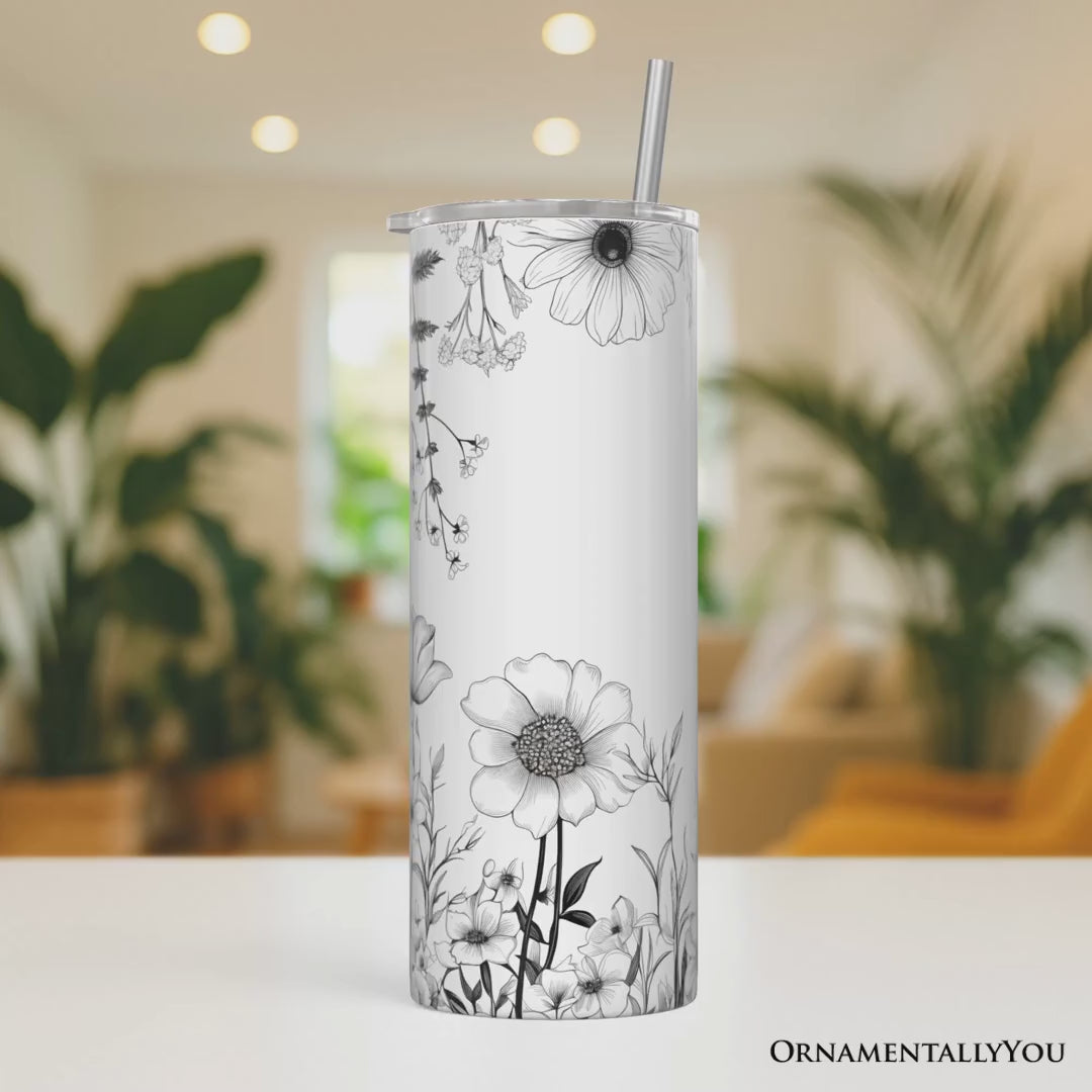 White and Black Wild Flowers Tumbler With Lid and Stainless Steel Straw, Beautiful Spring Travel Mug Gift