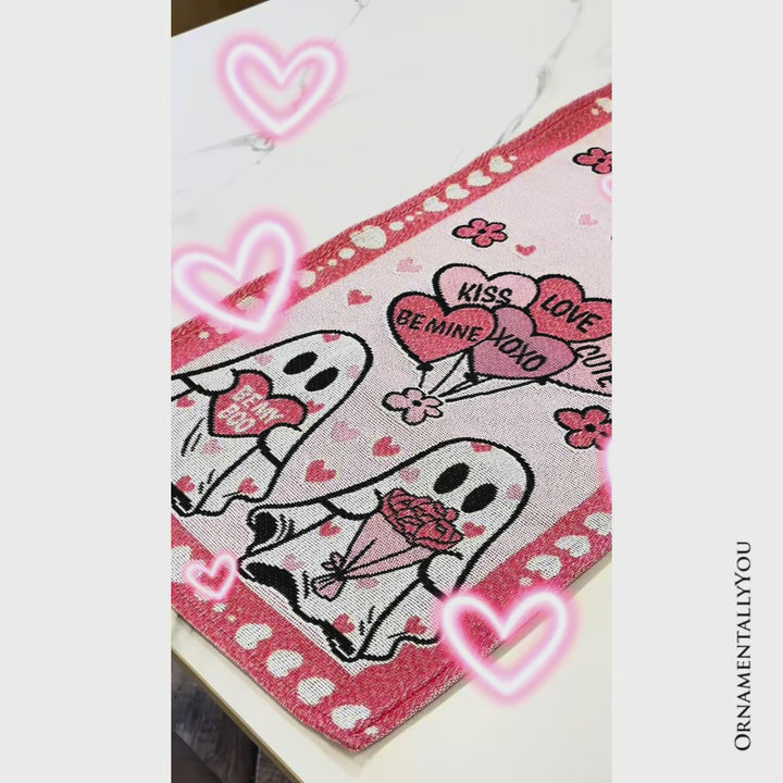 Valentine Ghost 72" Jacquard Table Runner, High Quality Holiday Rectangle Tablecloth with Cute Lovers