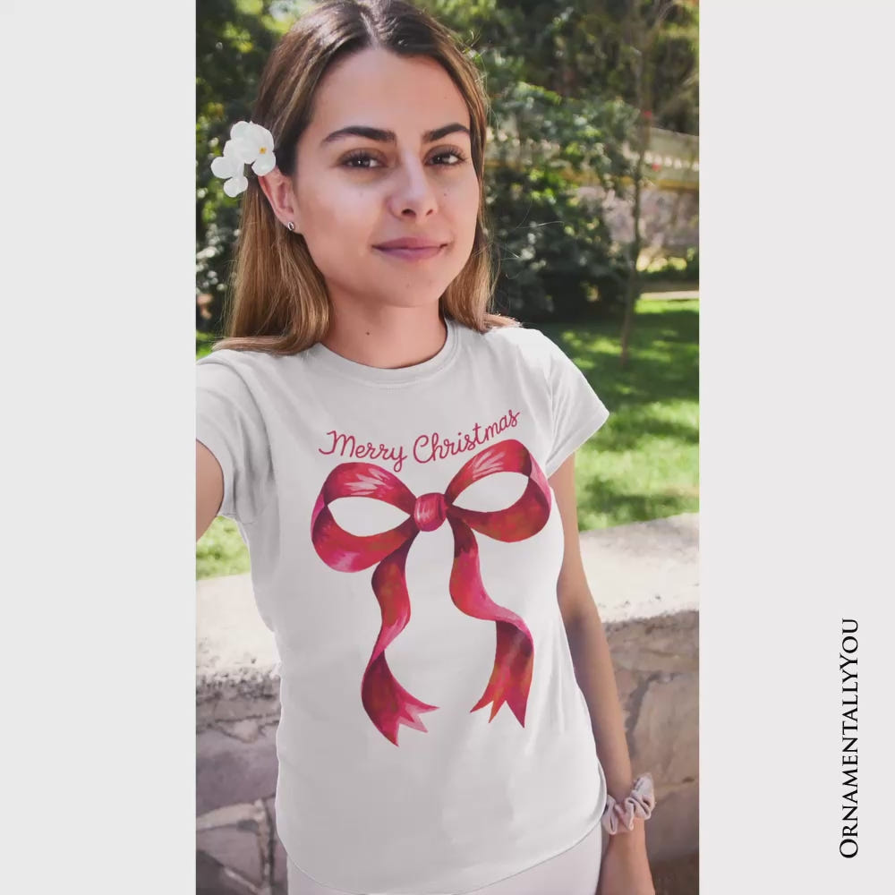 Merry Christmas Red Coquette Bow T‑Shirt, Minimalist Holiday Ribbon Tee for Festive Season