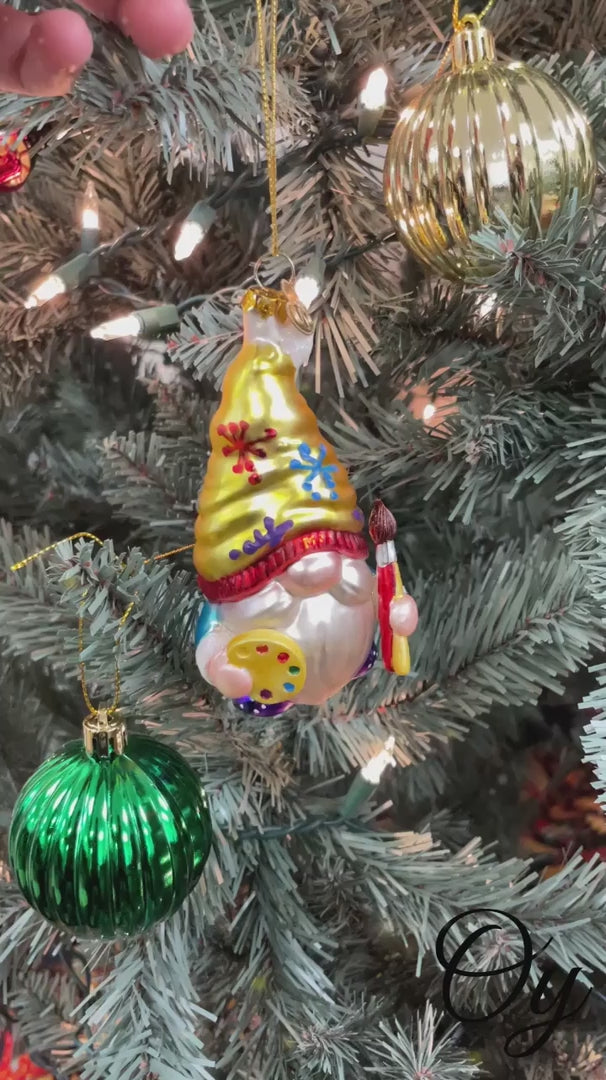 Painter Artist Gnome Glass Christmas Ornament