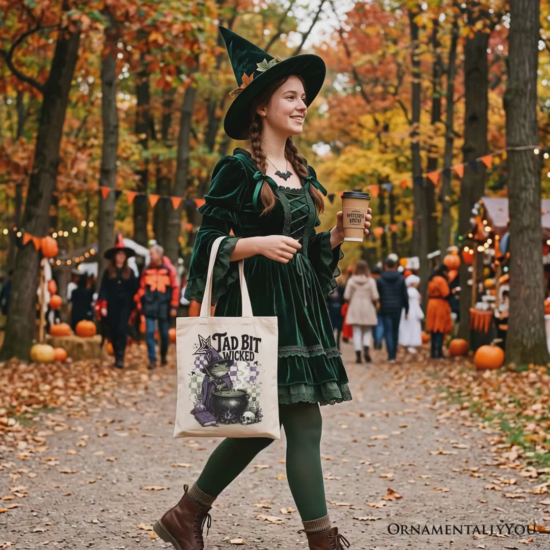 Tad Bit Wicked Frog Witch Tote Bag, Spooky Halloween Cauldron Gift Shopper