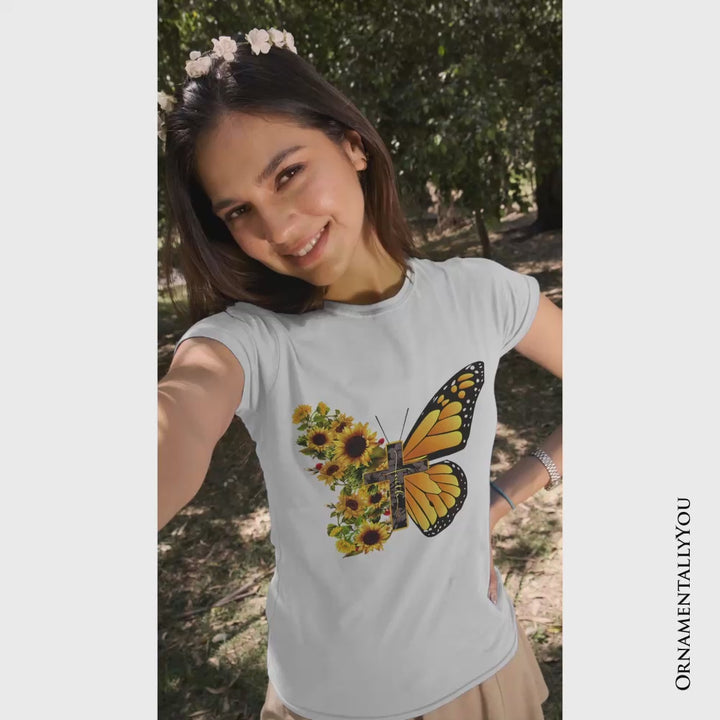 Faith Cross Butterfly T-Shirt, Christian Sunflower Floral Tee