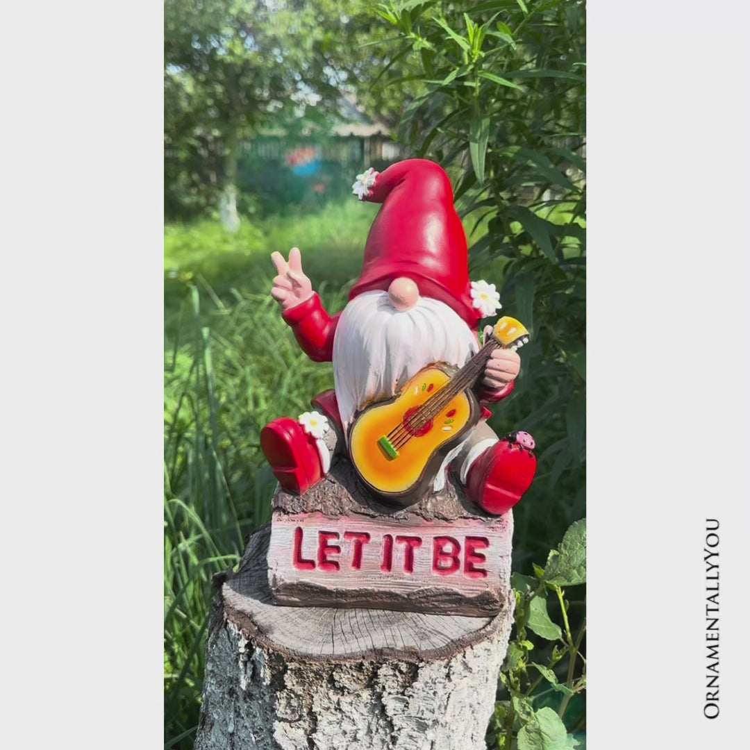 Hippy Gnome with Guitar Garden Statue, Unique Flowers and Peace Sign