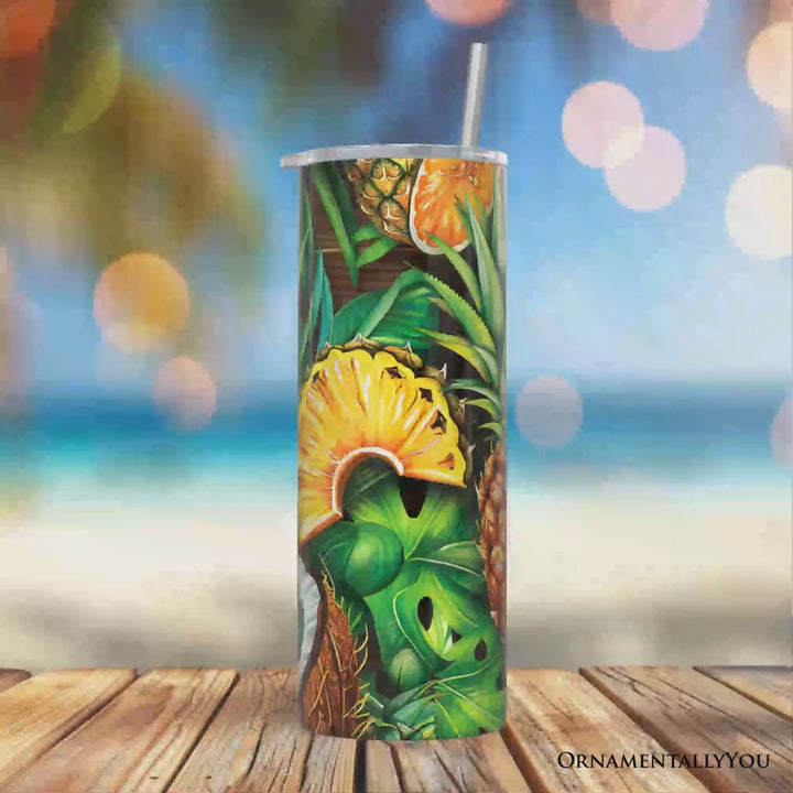 Tropical Pineapple, Citrus and Coconut 20oz Personalized Tumbler With Lid and Stainless Steel Straw, Exotic Summer Fruit Gift Cup