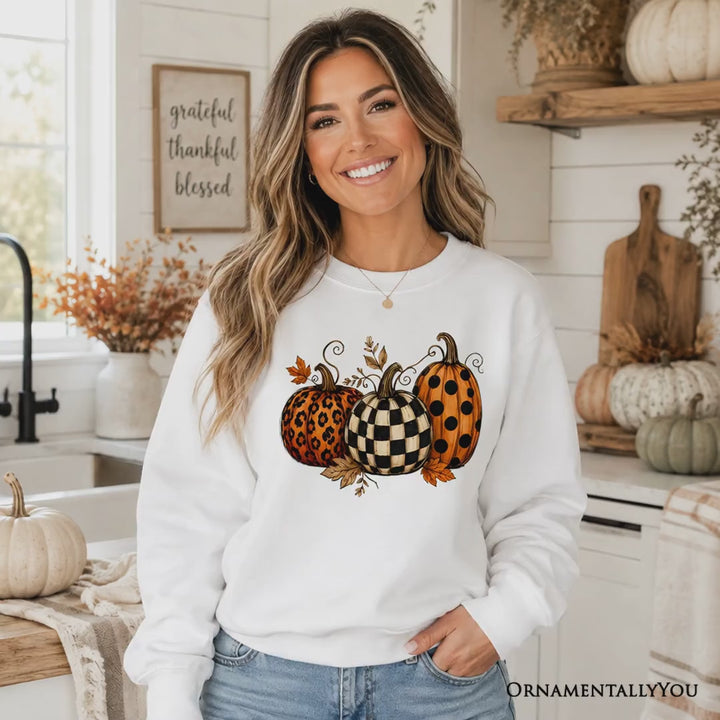 Leopard Checkered Pumpkin Sweatshirt, Autumn Fall Sweater