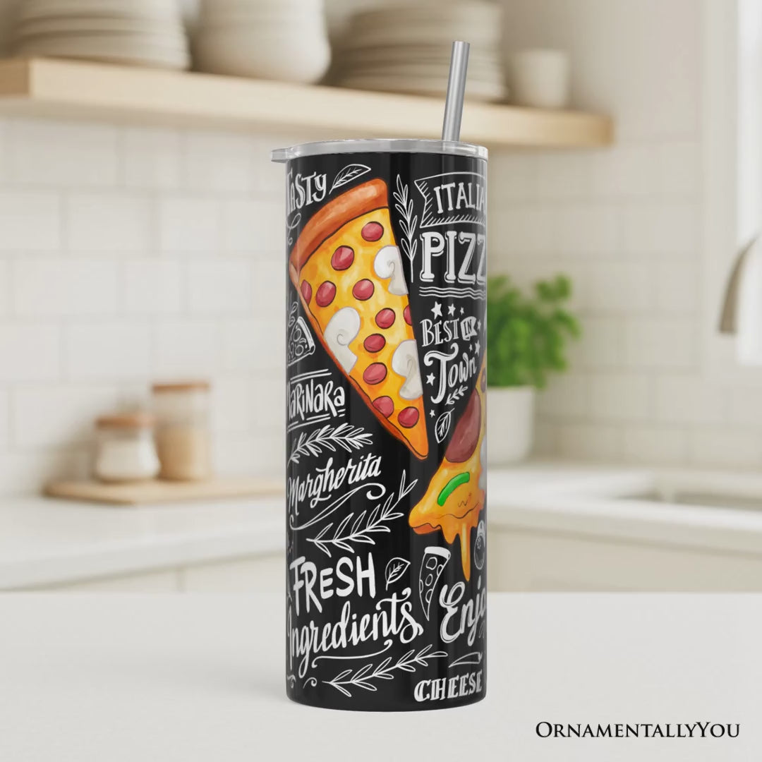 Classic Pizza Slice Doodle 20oz Personalized Tumbler With Lid and Stainless Steel Straw, Italian Pizzeria Chalk Art Gift Cup