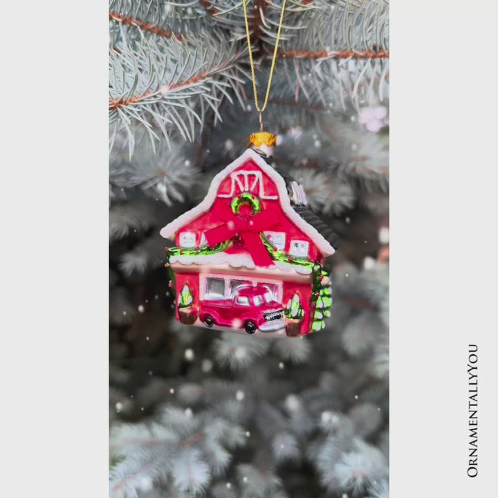 (Pre-Order) Charming Farmhouse Cabin Glass Christmas Ornament, Winter Rural Home Holiday Tree Decor