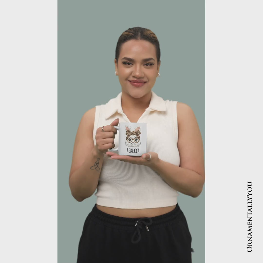 Easter Bunny Leopard Bow Personalized Mug, Coquette Printed Faux Embroidery Girly Spring Gift with Custom Name