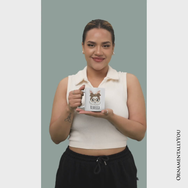 Easter Bunny Leopard Bow Personalized Mug, Coquette Printed Faux Embroidery Girly Spring Gift with Custom Name